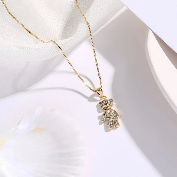 Women's Copper Electroplated Teddy Bear Animal Zodiac Necklace With Diamond Embedded
