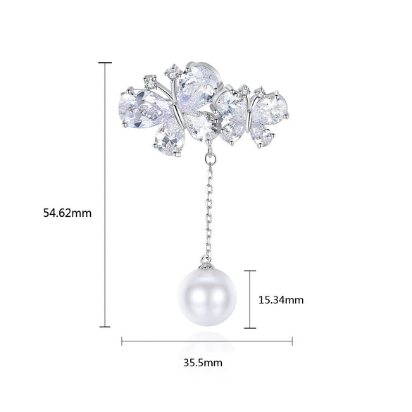 Women's Copper Electroplated Zircon And Pearl Bow Brooch Minimalist Fashion Suit Accessory Pin