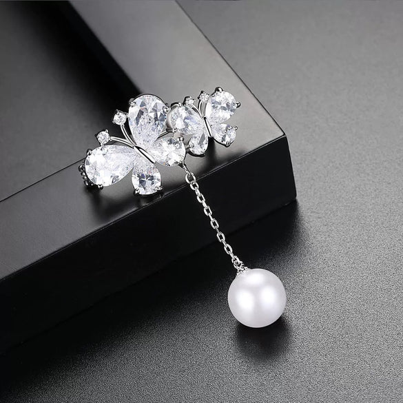 Women's Copper Electroplated Zircon And Pearl Bow Brooch Minimalist Fashion Suit Accessory Pin