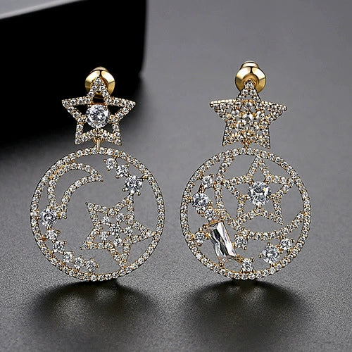 Women's Copper Electroplated Zircon Stud Earrings With Creative Star And Moon Design Fashion Minimalist Jewelry