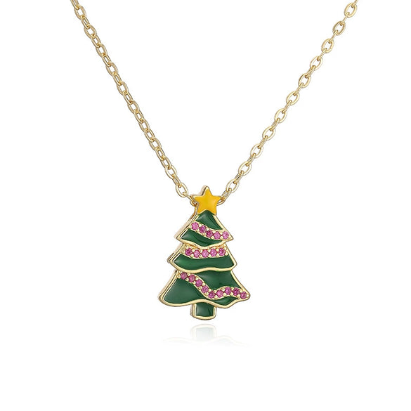 Women's Copper Enamel Christmas Hat Wreath And Tree Pendant Necklace With Geometric Design And Olink Chain