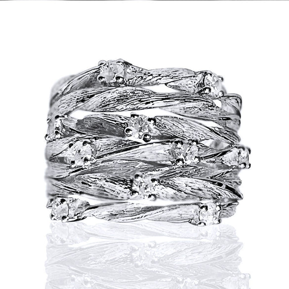Women's Copper Fashionable Wide Multiring Accessories With Inlaid Zircon And Flower Pattern