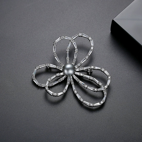 Women's Copper Floral Bow Brooch With Pearl And Zircon Accents Electroplated Simple Fashion Pin