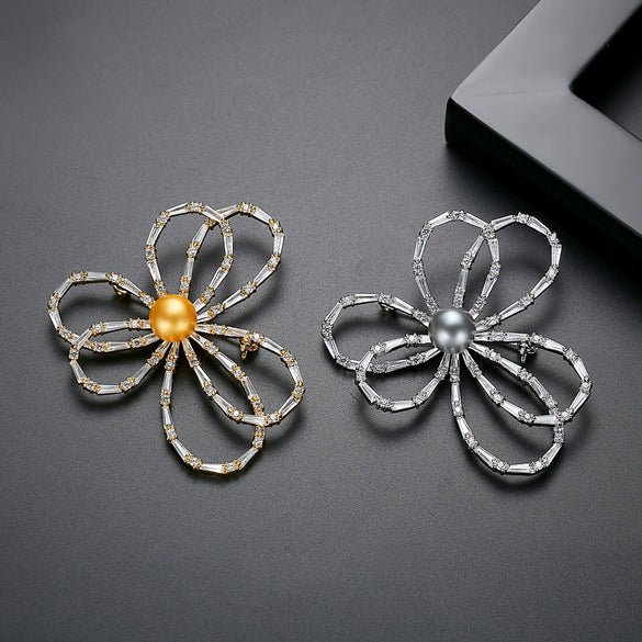 Women's Copper Floral Bow Brooch With Pearl And Zircon Accents Electroplated Simple Fashion Pin