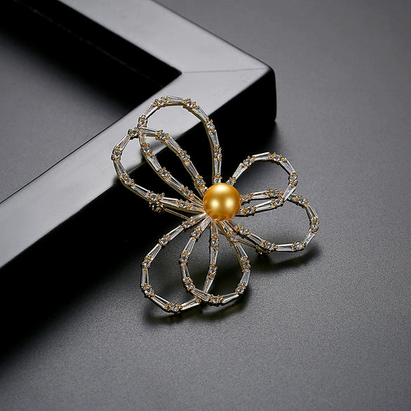 Women's Copper Floral Bow Brooch With Pearl And Zircon Accents Electroplated Simple Fashion Pin
