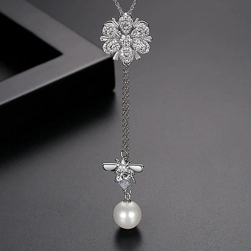 Women's Copper Flower And Bee Pendant Necklace With Zircon Accents Adjustable Cross Chain Jewelry
