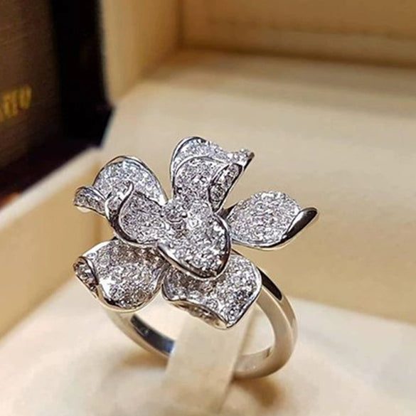 Women's Copper Flower Camellia Zircon Ring