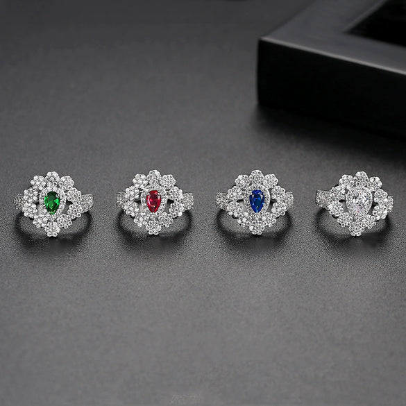 Women's Copper Flower Ring With Microinlaid Zircon Electroplated Finish Adjustable Open Band Geometric Fashion Jewelry