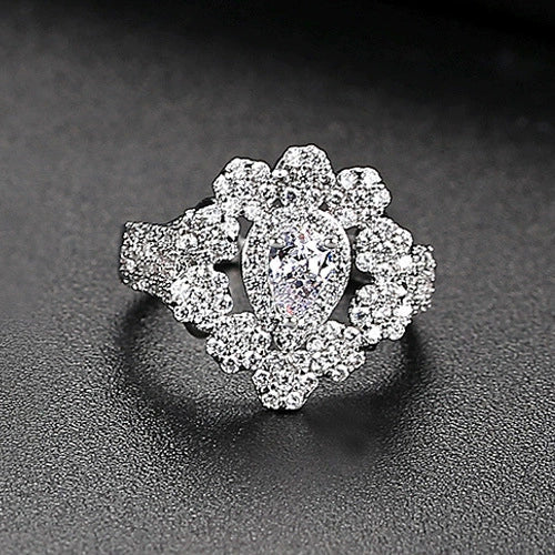 Women's Copper Flower Ring With Microinlaid Zircon Electroplated Finish Adjustable Open Band Geometric Fashion Jewelry