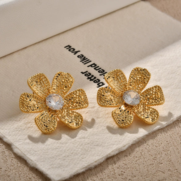 Women's Copper Flower Stud Earrings With Metal Scale Pattern And Electroplated Finish Elegant Fashion Statement Jewelry