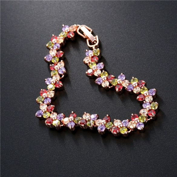 Women's Copper Four Leaf Clover Bracelet With Colorful Zircon Inlay And Gold Tone Leaf Design