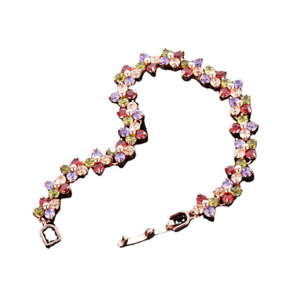 Women's Copper Four Leaf Clover Bracelet With Colorful Zircon Inlay And Gold Tone Leaf Design
