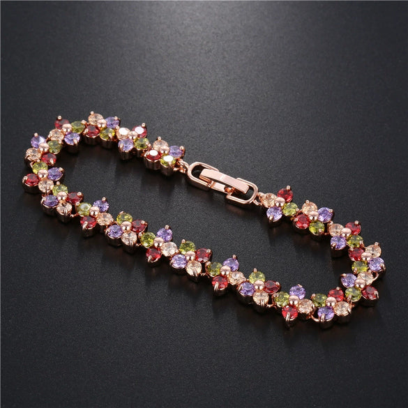 Women's Copper Four Leaf Clover Bracelet With Colorful Zircon Inlay And Gold Tone Leaf Design