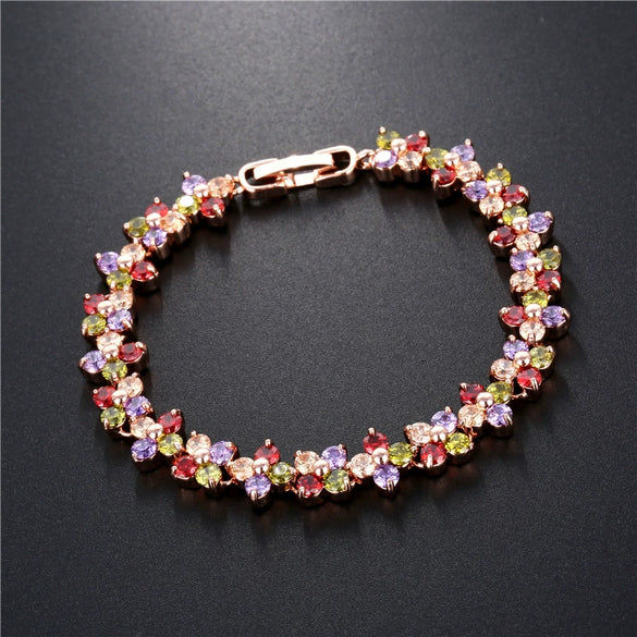 Women's Copper Four Leaf Clover Bracelet With Colorful Zircon Inlay And Gold Tone Leaf Design