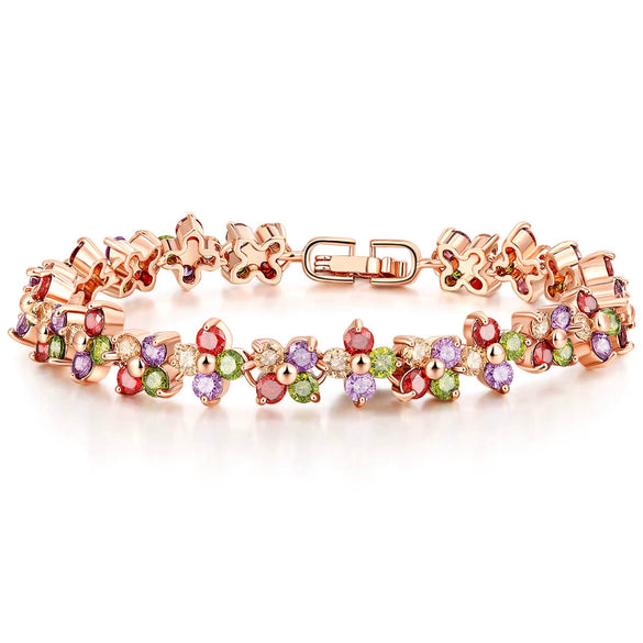 Women's Copper Four Leaf Clover Bracelet With Colorful Zircon Inlay And Gold Tone Leaf Design