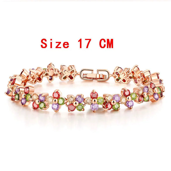Women's Copper Four Leaf Clover Bracelet With Colorful Zircon Inlay And Gold Tone Leaf Design