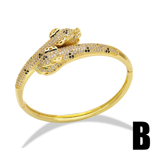 Women's Copper Full Zircon Leopard Head Snake Open Bracelet Exaggerated Animal Style Hand Jewelry