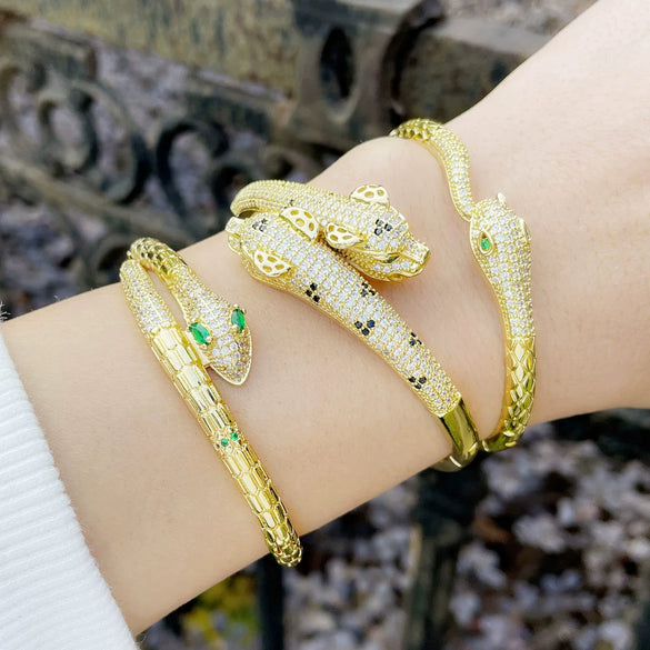 Women's Copper Full Zircon Leopard Head Snake Open Bracelet Exaggerated Animal Style Hand Jewelry