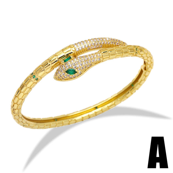 Women's Copper Full Zircon Leopard Head Snake Open Bracelet Exaggerated Animal Style Hand Jewelry