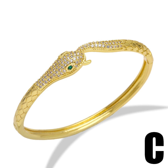 Women's Copper Full Zircon Leopard Head Snake Open Bracelet Exaggerated Animal Style Hand Jewelry