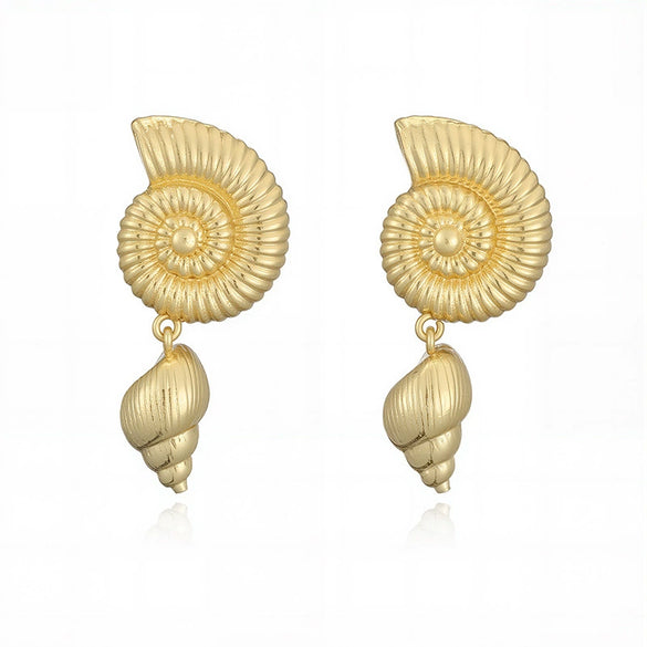 Women's Copper Geometric Beach Fan Shell Conch Stud Earrings With Pearls Fashion Minimalist