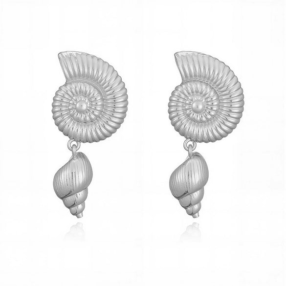 Women's Copper Geometric Beach Fan Shell Conch Stud Earrings With Pearls Fashion Minimalist