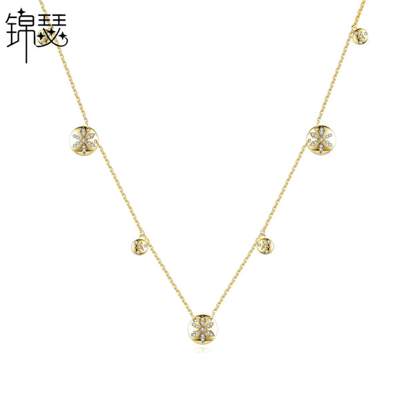 Women's Copper Geometric Clavicle Chain Necklace With Zircon Inlaid Pendant And Electroplated Finish