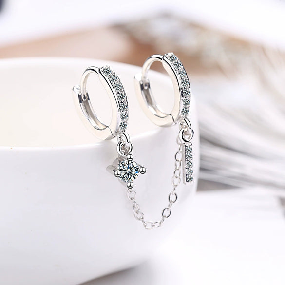 Women's Copper Geometric Double Ear Holes Circle Earrings With Single Rowed Diamond Design