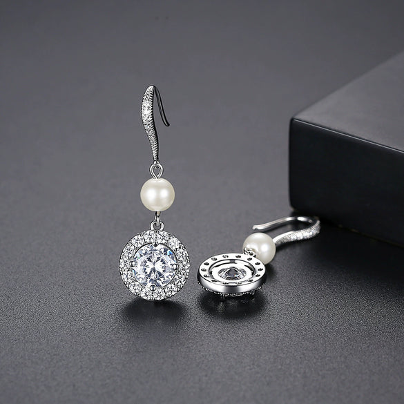Women's Copper Geometric Ear Hook Earrings With Zircon Crystal And Pearl Details Long Simple Electroplated Fashion Jewelry