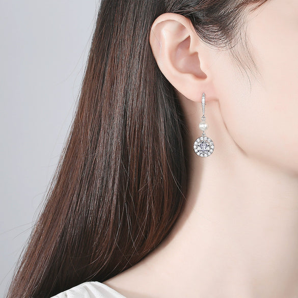 Women's Copper Geometric Ear Hook Earrings With Zircon Crystal And Pearl Details Long Simple Electroplated Fashion Jewelry