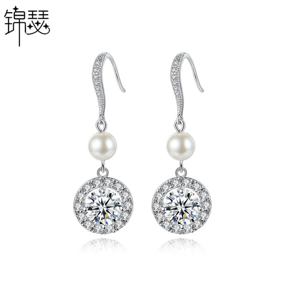 Women's Copper Geometric Ear Hook Earrings With Zircon Crystal And Pearl Details Long Simple Electroplated Fashion Jewelry
