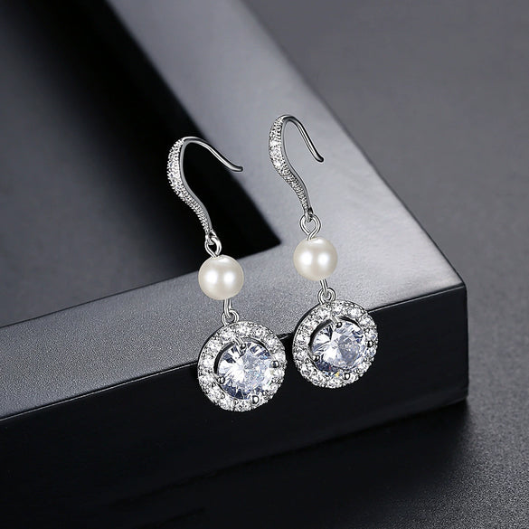 Women's Copper Geometric Ear Hook Earrings With Zircon Crystal And Pearl Details Long Simple Electroplated Fashion Jewelry