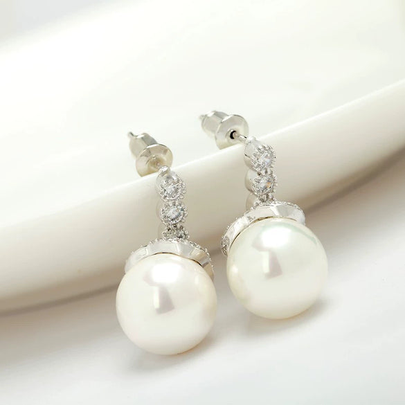 Women's Copper Geometric Flower Earrings With Pearl And Shell Bead Details Zircon Accents And Electroplated Finish