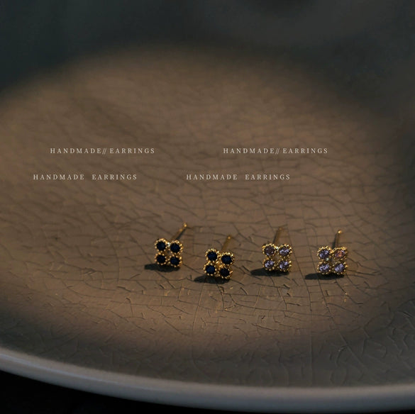 Women's Copper Geometric Micro Inlay Small Zircon Earrings Fashionable Retro Japanese And Korean Style