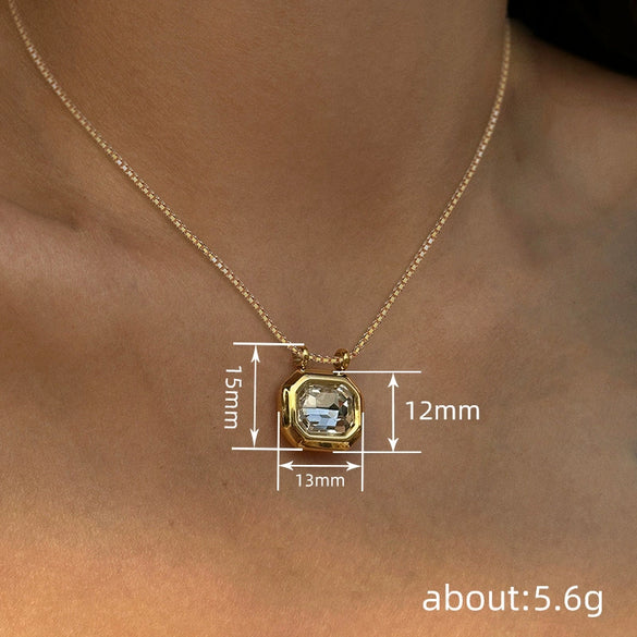 Women's Copper Geometric Mixed Gemstone Setting Zirconia Box Chain Necklace Chic Style