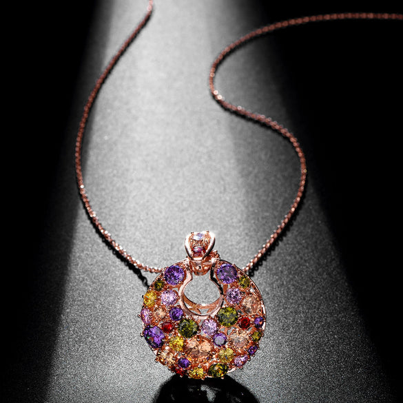 Women's Copper Geometric Pendant Necklace With O Chain And Zircon Inlay Colorful Fashion Versatile Jewelry