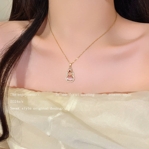 Women's Copper Geometric Pink Cat's Eye Stone Earrings With Electroplating And Sparkling Zirconium Light Luxury Temperament