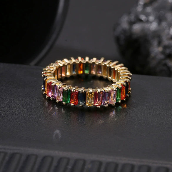 Women's Copper Geometric Rainbow Zircon Ring With Electroplated Finish Personality Jewelry
