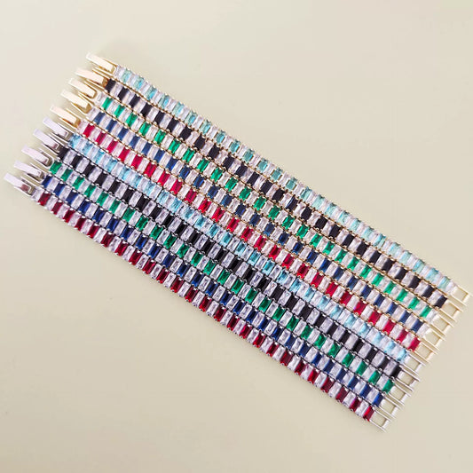 Women's Copper Geometric Rectangular Bracelet With Glass Color Block Zircon Detail