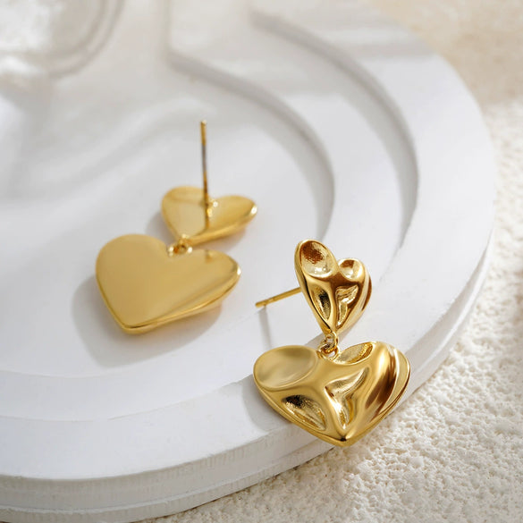 Women's Copper Geometric Style Electroplated Irregular Pleated Texture Double Love Earrings