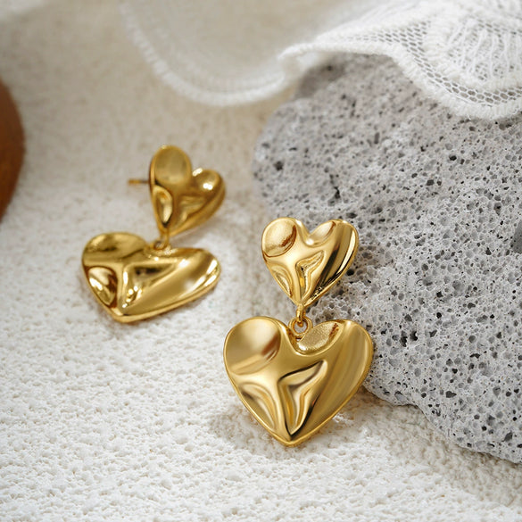 Women's Copper Geometric Style Electroplated Irregular Pleated Texture Double Love Earrings