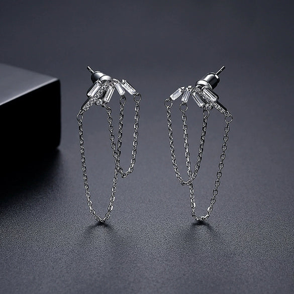 Women's Copper Geometric Tassel Chain Drop Earrings With Zircon Inlay And Electroplated Finish