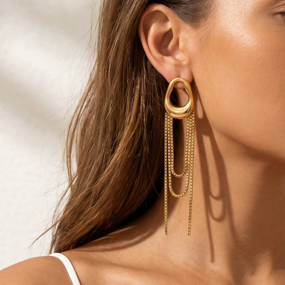 Women's Copper Geometric Tassel Earrings With Long Chain Design And Plated Finish Stainless Steel Posts Wholesale
