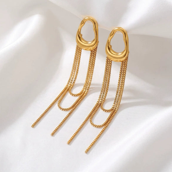 Women's Copper Geometric Tassel Earrings With Long Chain Design And Plated Finish Stainless Steel Posts Wholesale
