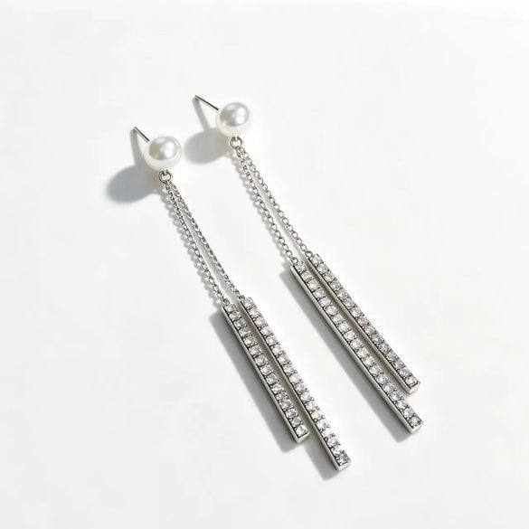 Women's Copper Geometric Tassel Pearl Earrings With Sparkling Rhinestone Accents And Electroplated Minimalist Jewelry Design