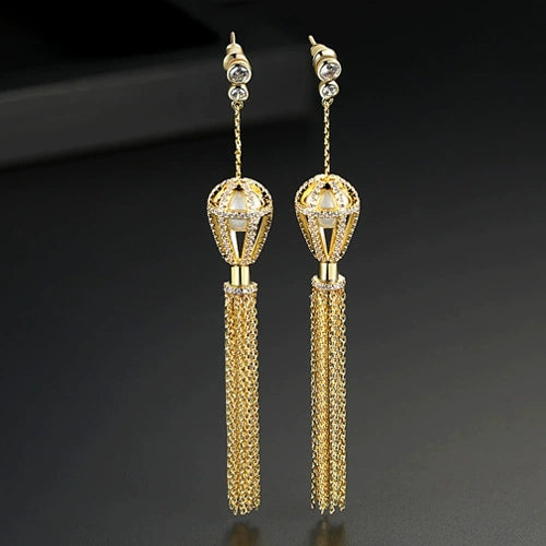 Women's Copper Geometric Tassel Pendant Earrings With Zircon Inlay Electroplated Elegant Sweet Fairy Style