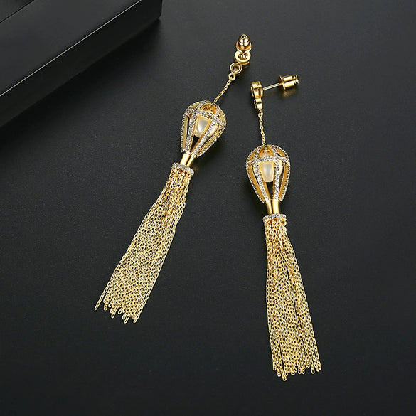 Women's Copper Geometric Tassel Pendant Earrings With Zircon Inlay Electroplated Elegant Sweet Fairy Style