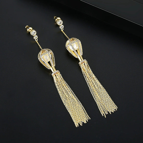 Women's Copper Geometric Tassel Pendant Earrings With Zircon Inlay Electroplated Elegant Sweet Fairy Style