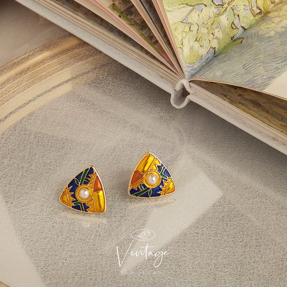 Women's Copper Geometric Triangle Hollow Earrings With Enamel Art And Goldplated Gemstone Accents