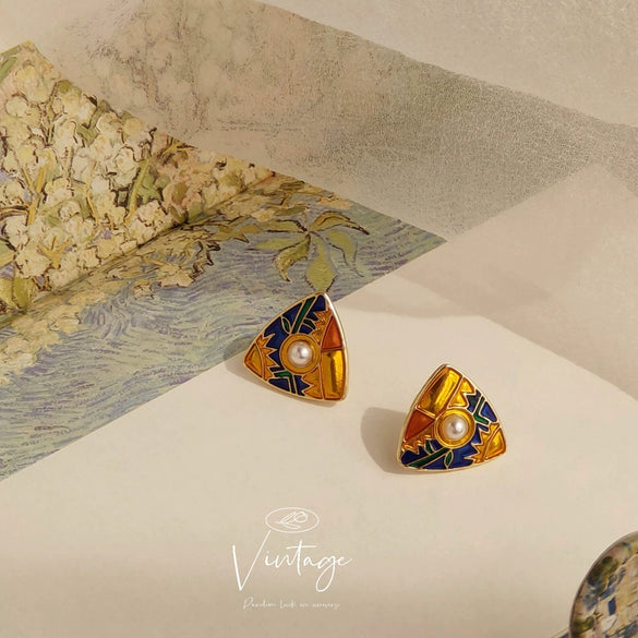 Women's Copper Geometric Triangle Hollow Earrings With Enamel Art And Goldplated Gemstone Accents